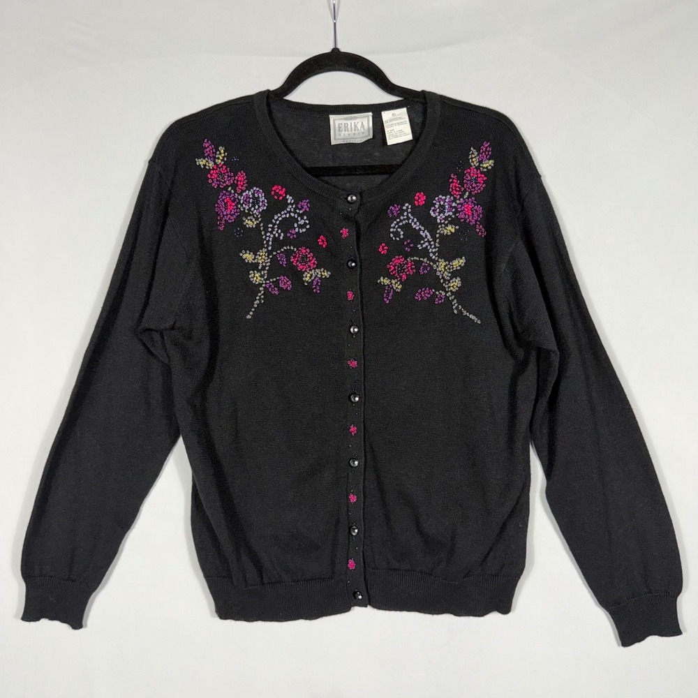 Vtg 90s Y2K Floral Embroidered Beaded Cardigan Sweater PL Black‎ Grandmacore EUC